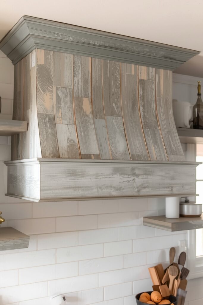 “Rustic DIY painted vent hood cover with distressed gray wood, farmhouse kitchen style”