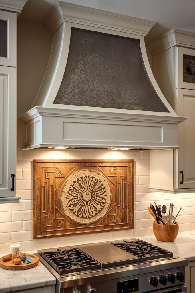 "Painted vent hood with decorative screen overlay"