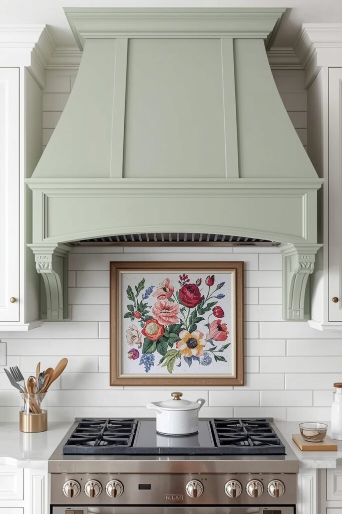 "Painted vent hood with decorative corbels and colorful detailing"