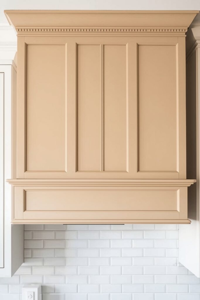 "Vertical slat painted DIY vent hood in modern kitchen"