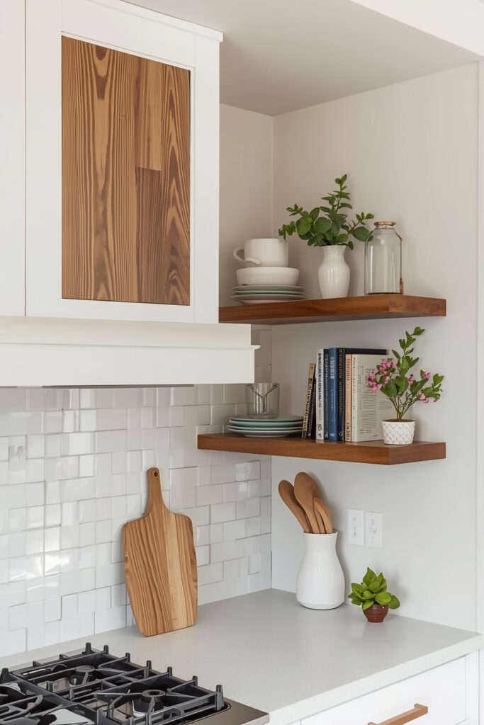 "DIY painted vent hood with floating shelves for decor"