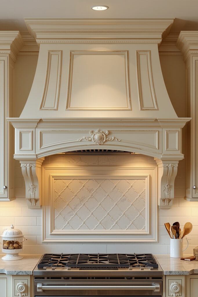 "Vintage style DIY vent hood with ornate trim and distressed antique paint finish"