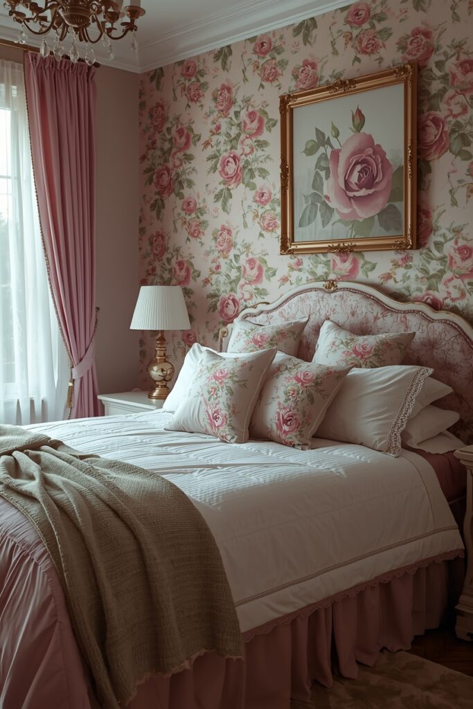 Vintage rose floral bedroom with matching quilt and artwork.