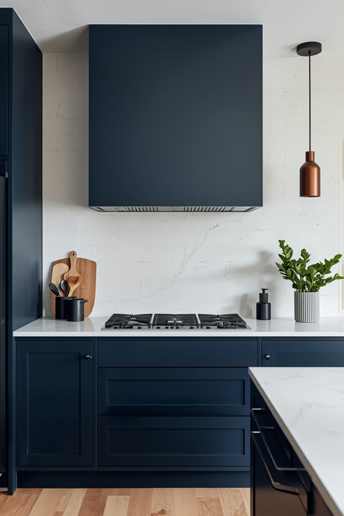 "Floating deep navy painted DIY vent hood"