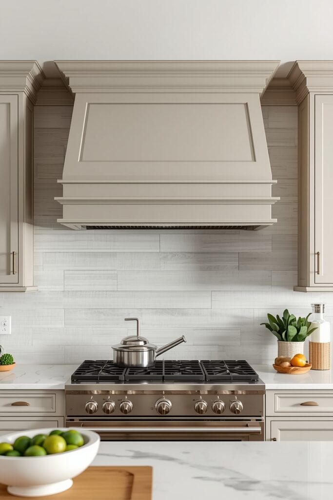 "Layered painted DIY vent hood with architectural detail"
