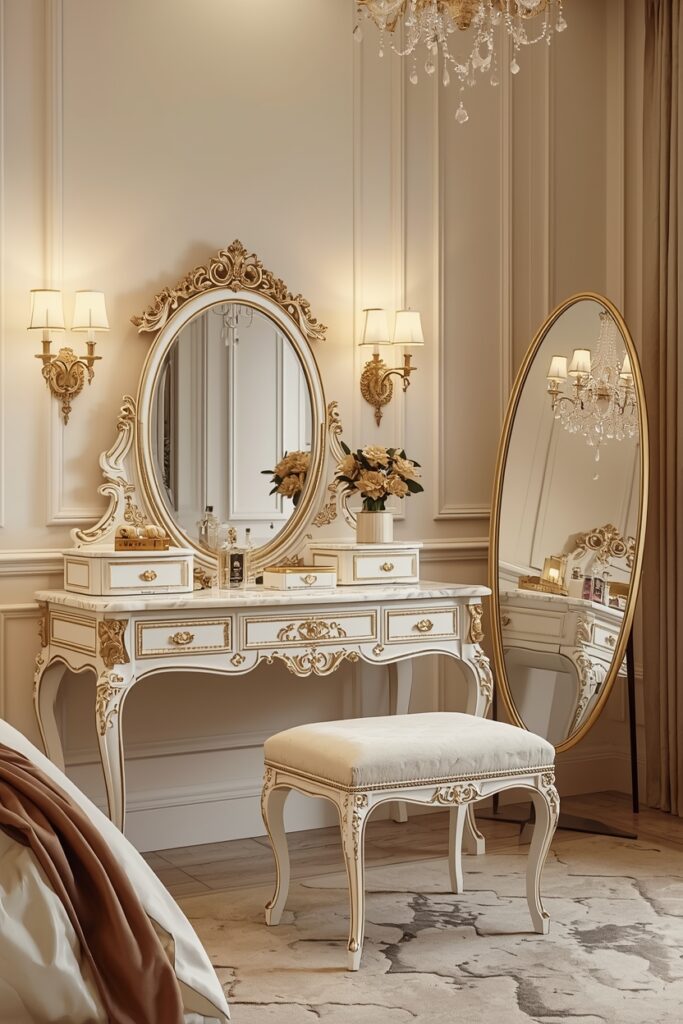 luxury white and gold antique vanity with upholstered stool and tall curved floor mirror