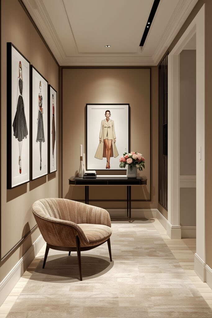 stylish gallery wall with fashion art and designer seating