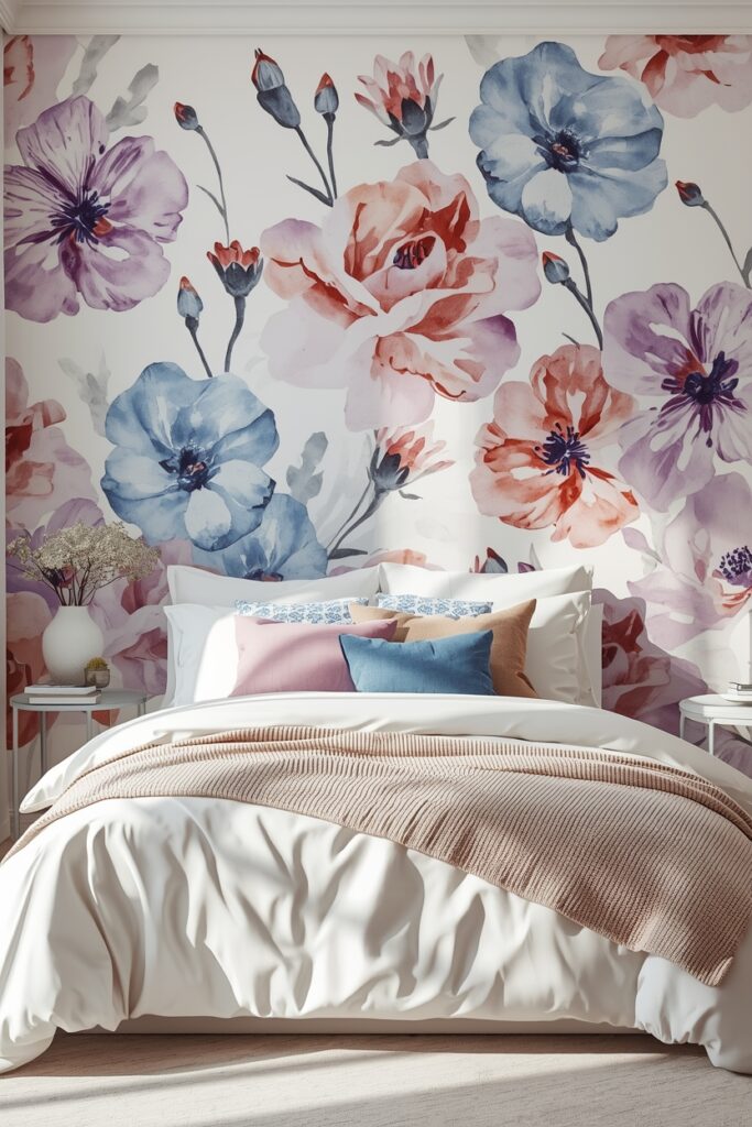 Watercolor floral bedroom with coordinated wall art and bedding.