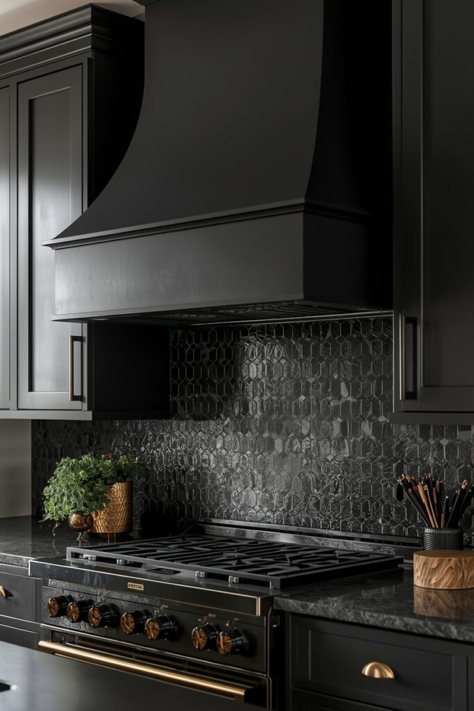 "Matte black painted DIY vent hood in modern kitchen"