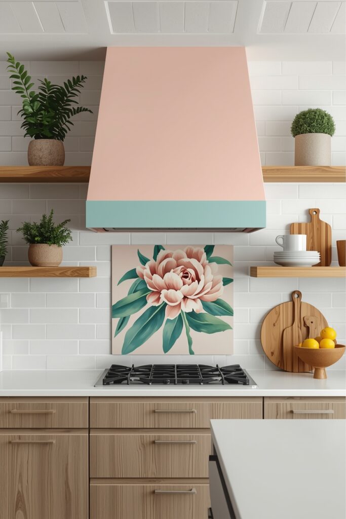"Painted vent hood with floating shelves in modern kitchen"