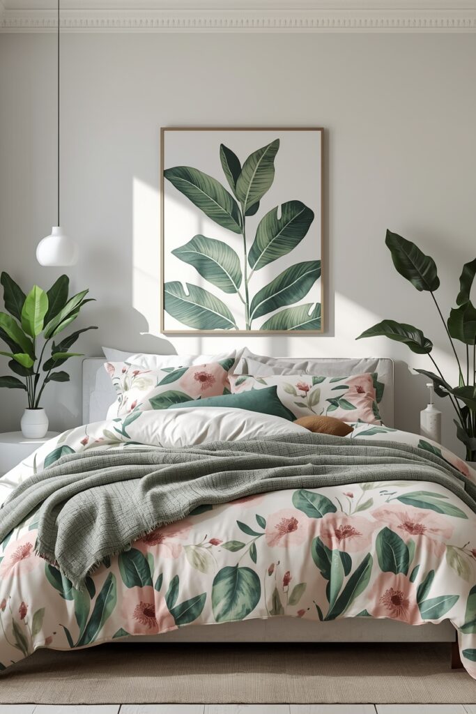 Botanical green floral bedroom with matching duvet and artwork.