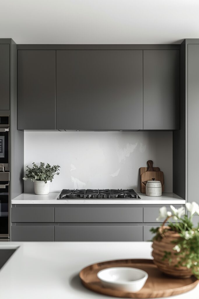 DIY modern minimalist grey painted vent hood in contemporary kitchen"