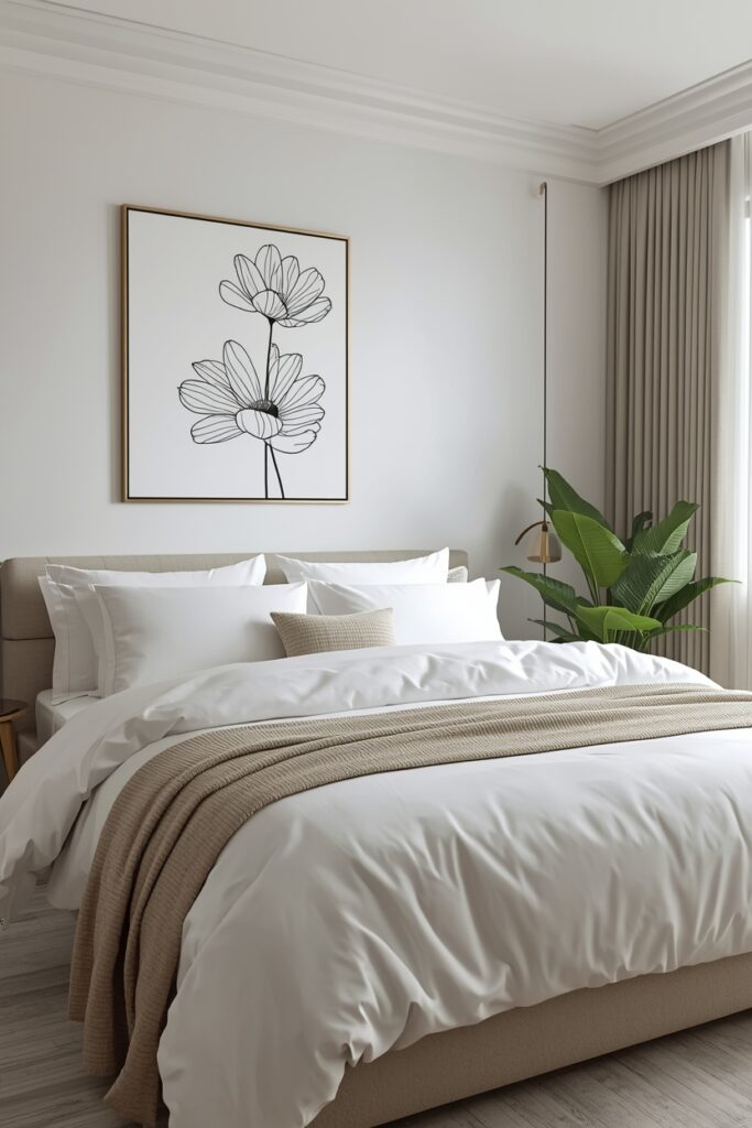 Minimalist floral line art bedroom with coordinated bedding.