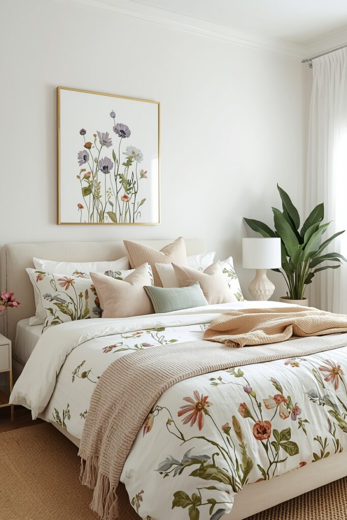 Wildflower meadow bedroom with coordinated bedding and art.