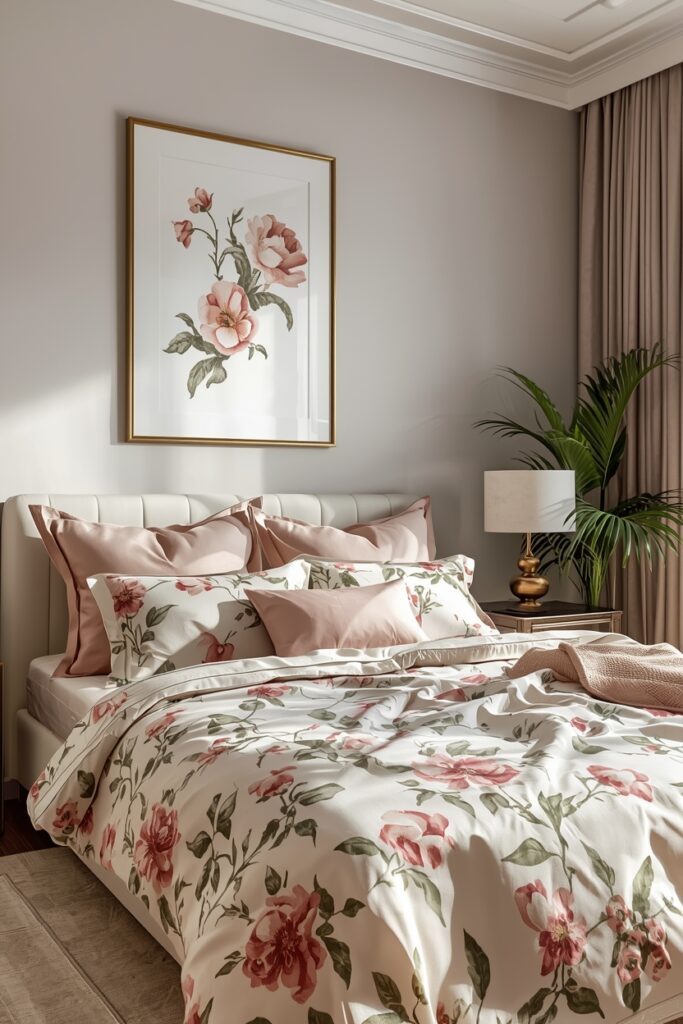 : Blush ruffle floral bedroom with matching artwork.
