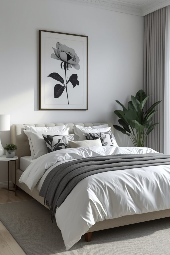 Monochrome floral bedroom with coordinated art and bedding.