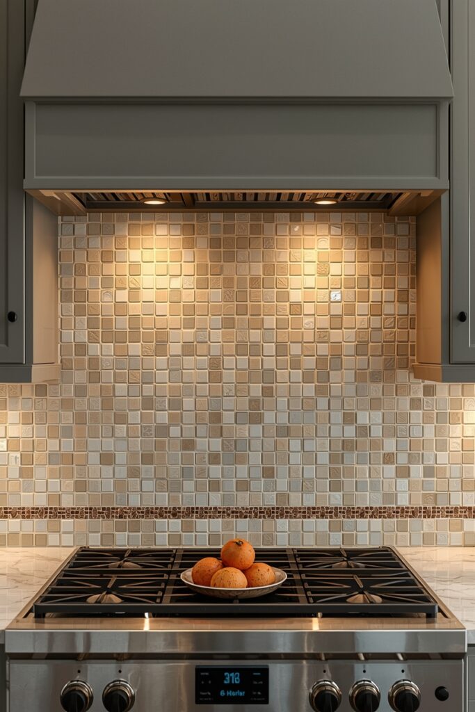 DIY mosaic tile vent hood with geometric pattern in modern luxury kitchen"