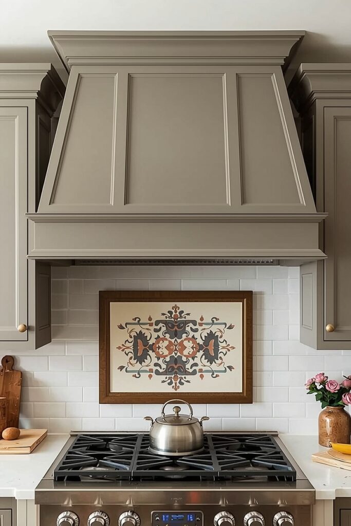 "Tapered painted DIY vent hood in taupe finish"