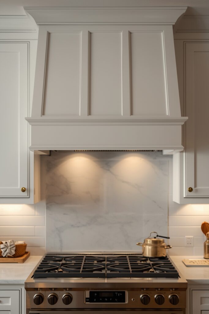 “DIY white painted wooden vent hood cover with trim, above stove in modern farmhouse kitchen”