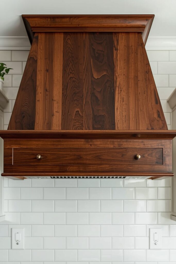 DIY stained wood vent hood in rich walnut finish"