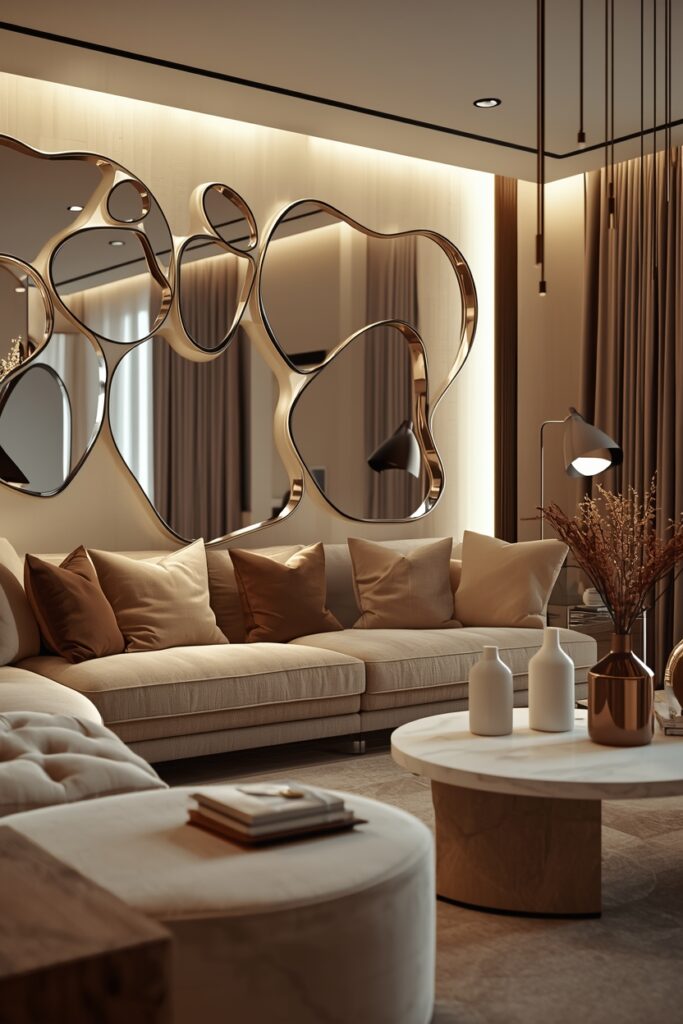 23 Ways to Create a Mirror Aesthetic Ideas in Your Space Organic shaped modern mirror wall in a stylish living room.