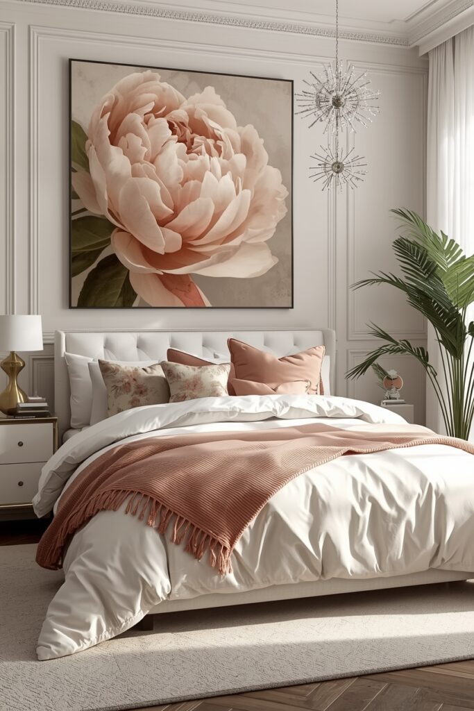 Pastel peony luxury bedroom with matching wall art and comforter.