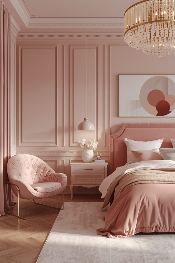 pastel pink luxury bedroom with velvet bed and bubble chair