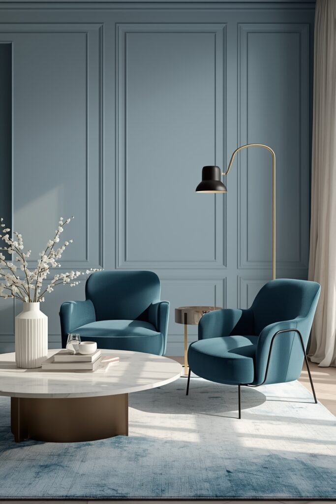 modern living room with marble coffee table and sculptural seating