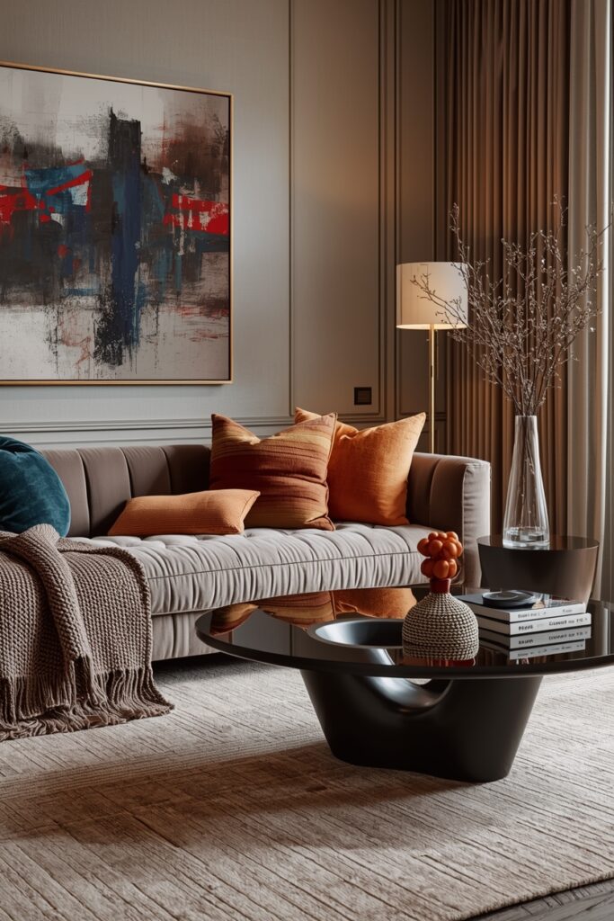 luxury living room with layered textures and bouclé sofa