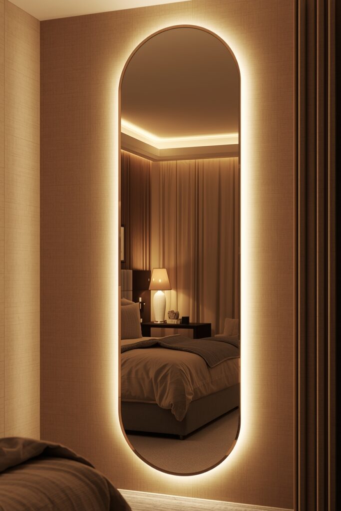 23 Ways to Create a Mirror Aesthetic Ideas in Your Space Curved LED mirror with soft lighting in a modern bedroom.