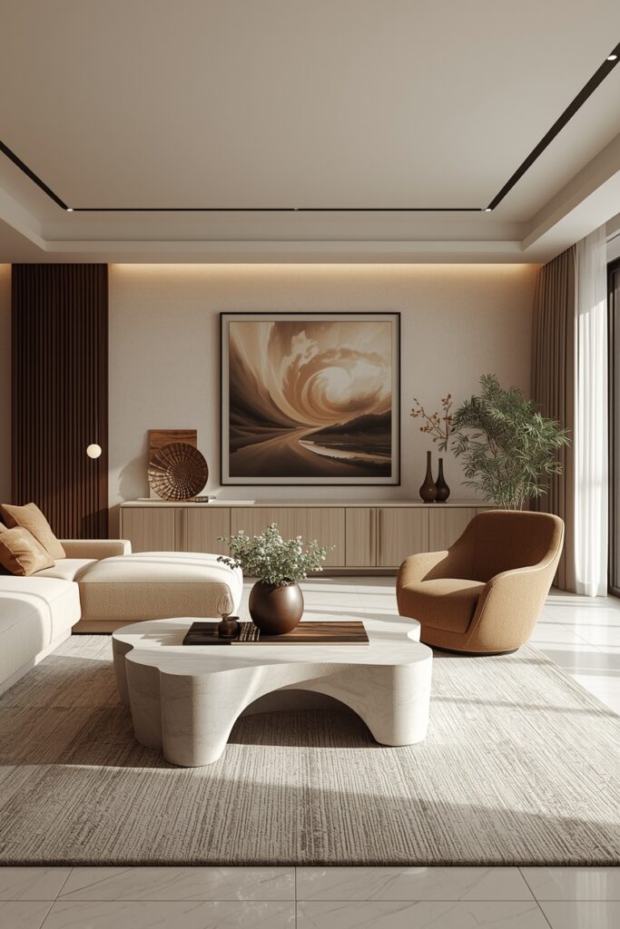 luxury living room with sculptural furniture and artistic decor