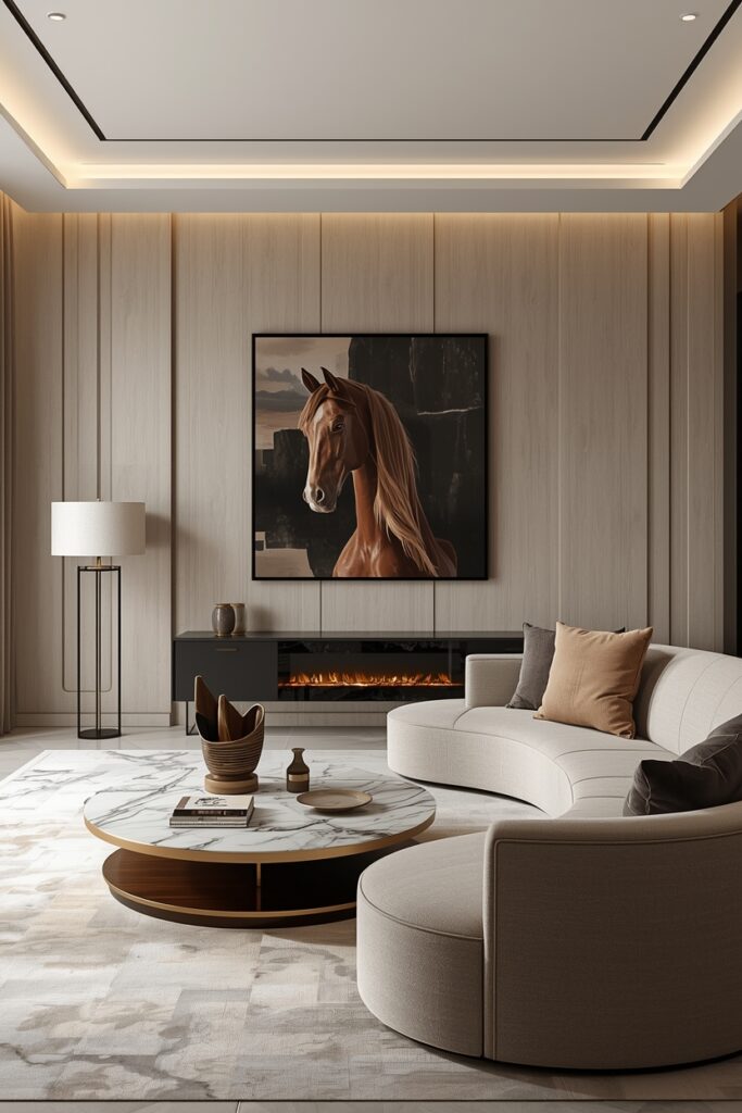 minimalist luxury living room with curved sofa and marble table