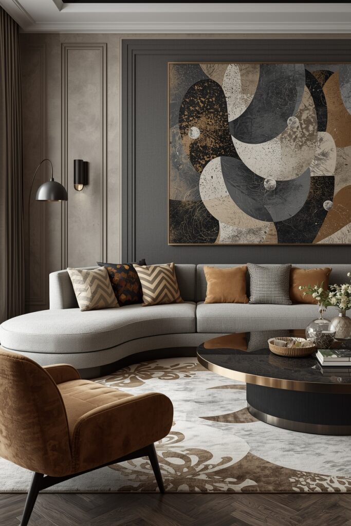 luxury living room with mixed patterns and modern curved sofa