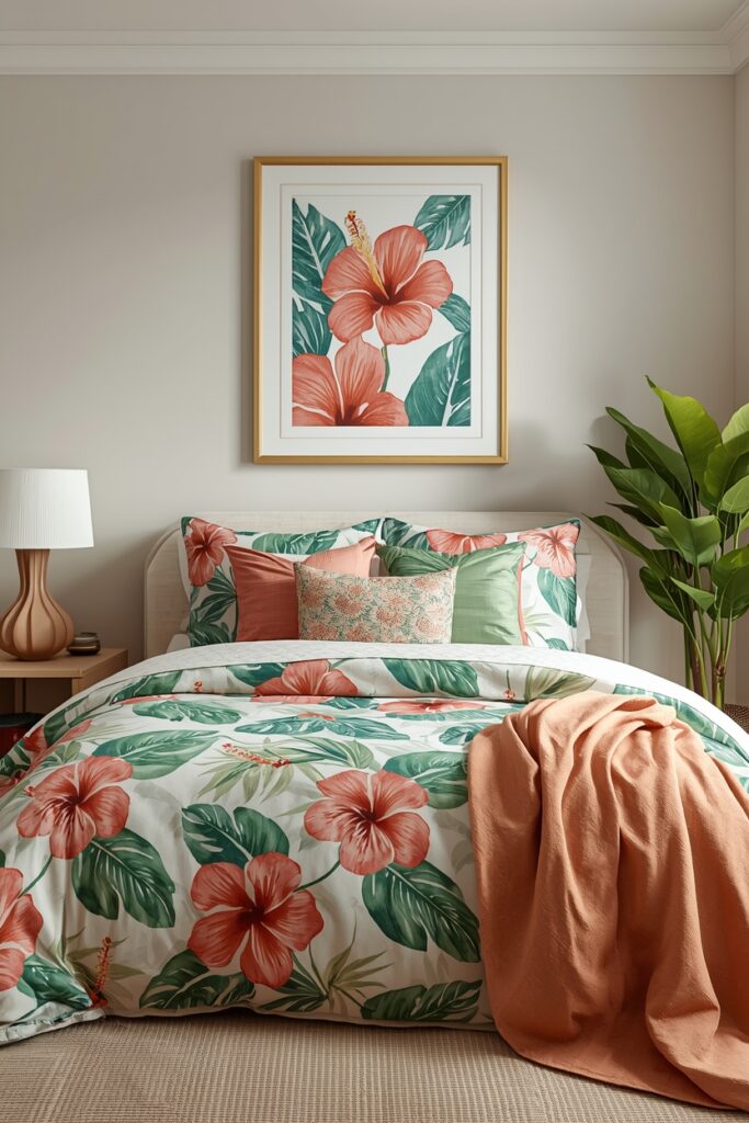 Tropical floral bedroom with coordinated wall art and bedding.