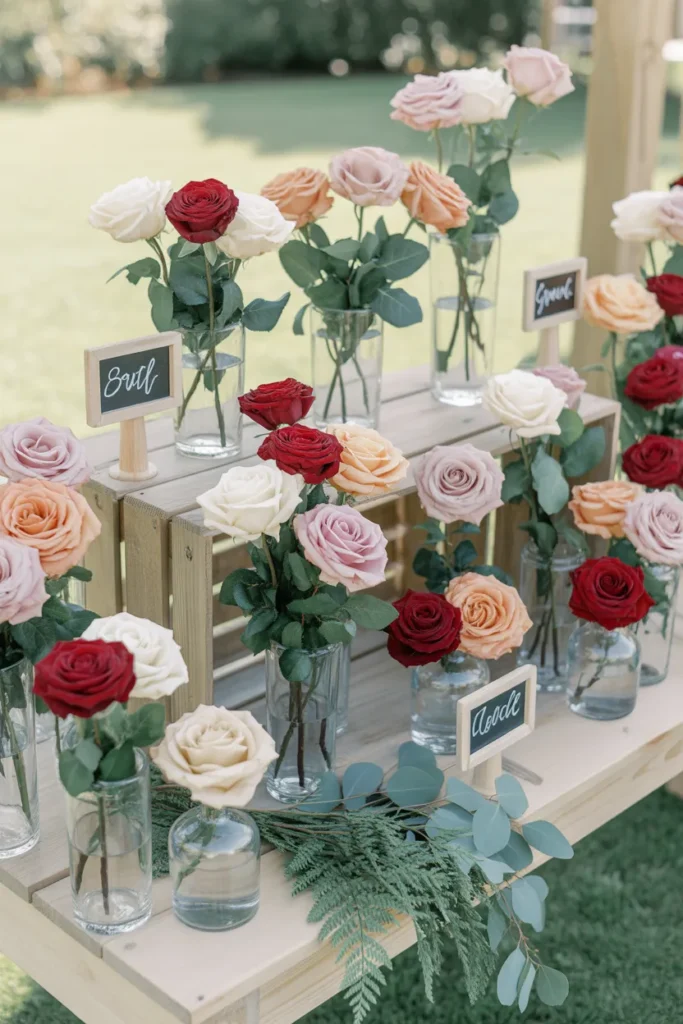 Romantic rose bloom bar with red, blush, cream, and peach roses arranged with greenery on a rustic wooden table in a garden setting.