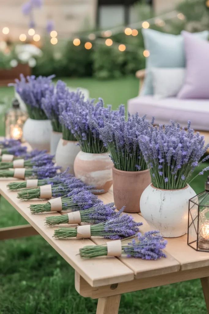 Lavender bloom bar with rustic wooden table, unique ceramic pots, and soft ambient lighting, set in a garden for weddings or outdoor events.