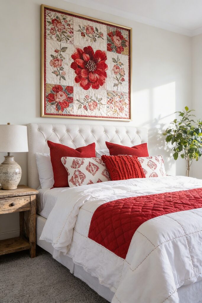 Patchwork floral bedroom with coordinated artwork.