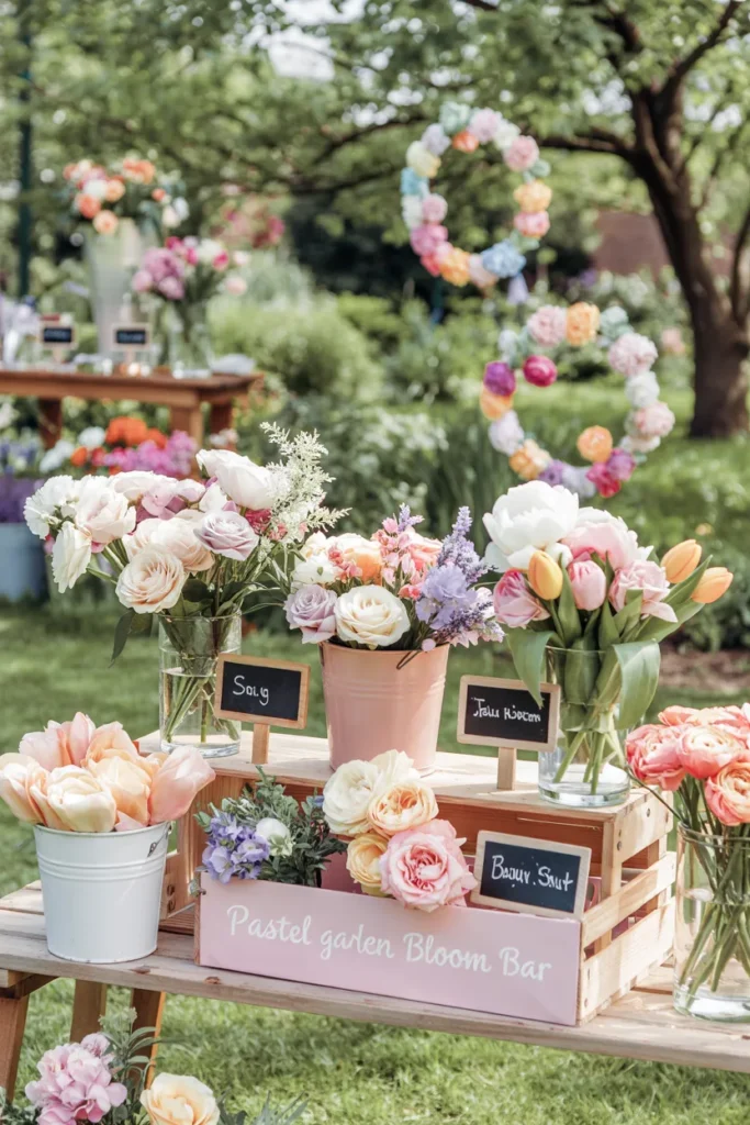 Vintage bloom bar display with rustic crates and pastel flowers arranged on a wooden table in a garden setting.