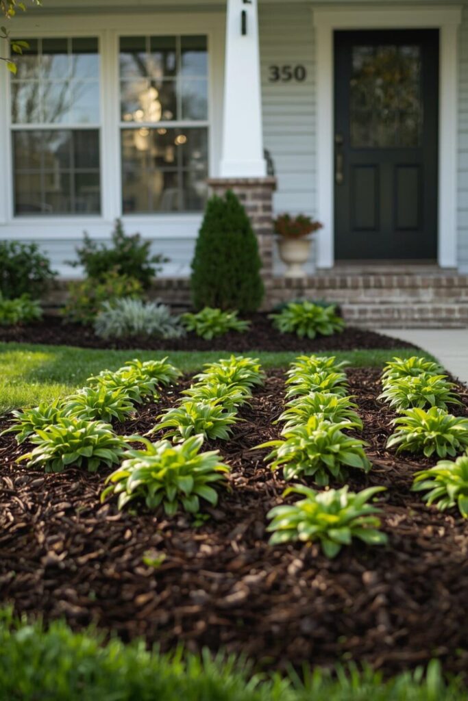 Front yard with DIY mulch around plants, cozy budget-friendly look