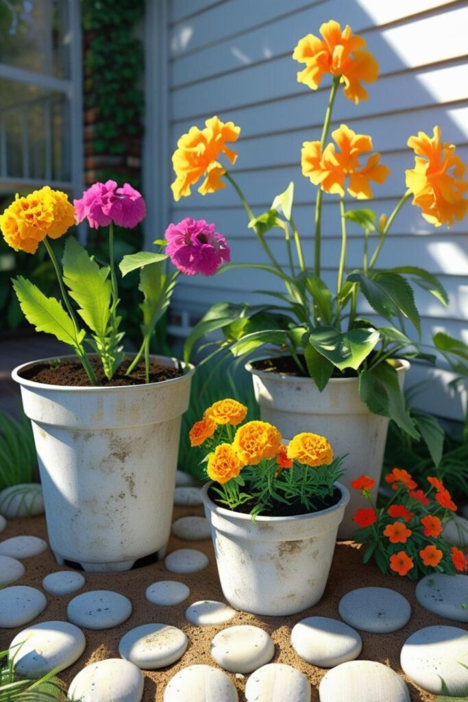 Colorful flowers in simple pots in front yard