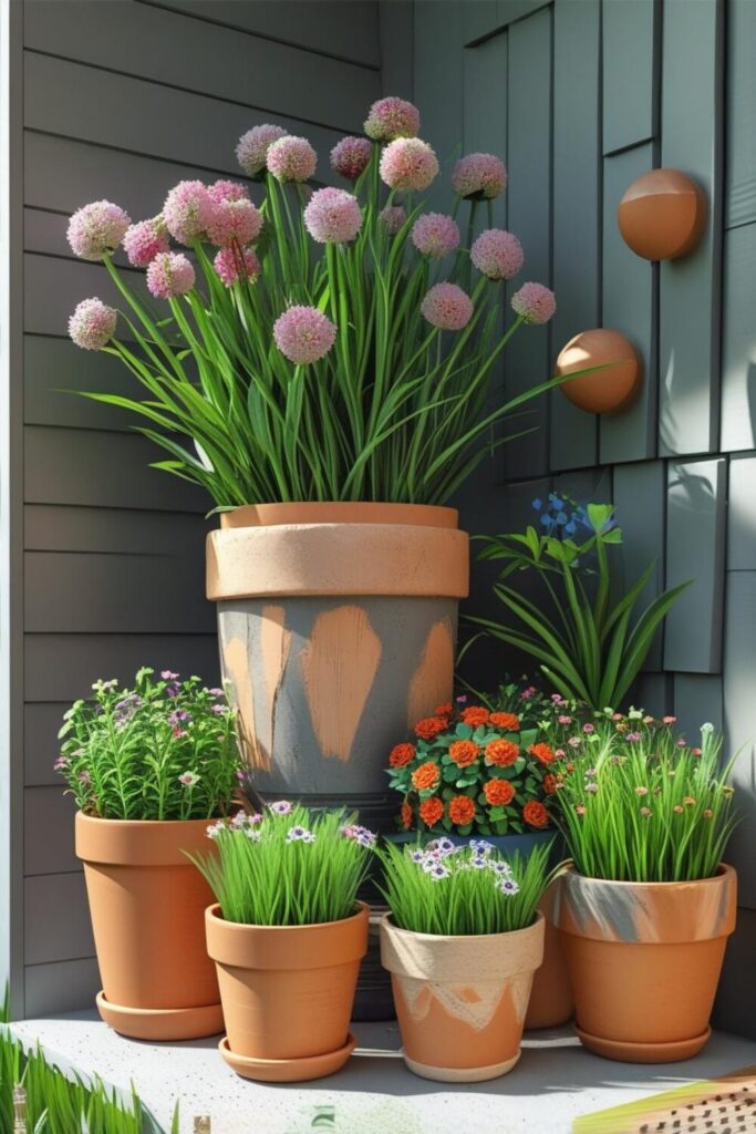 Front porch with simple clay pots filled with greenery
