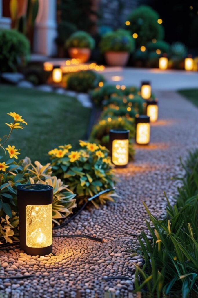 Front yard with solar lights along a small DIY path