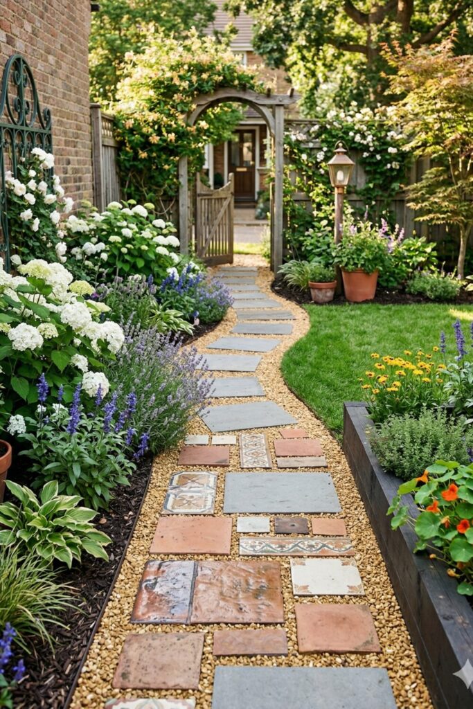 Small front yard with DIY stone pathway