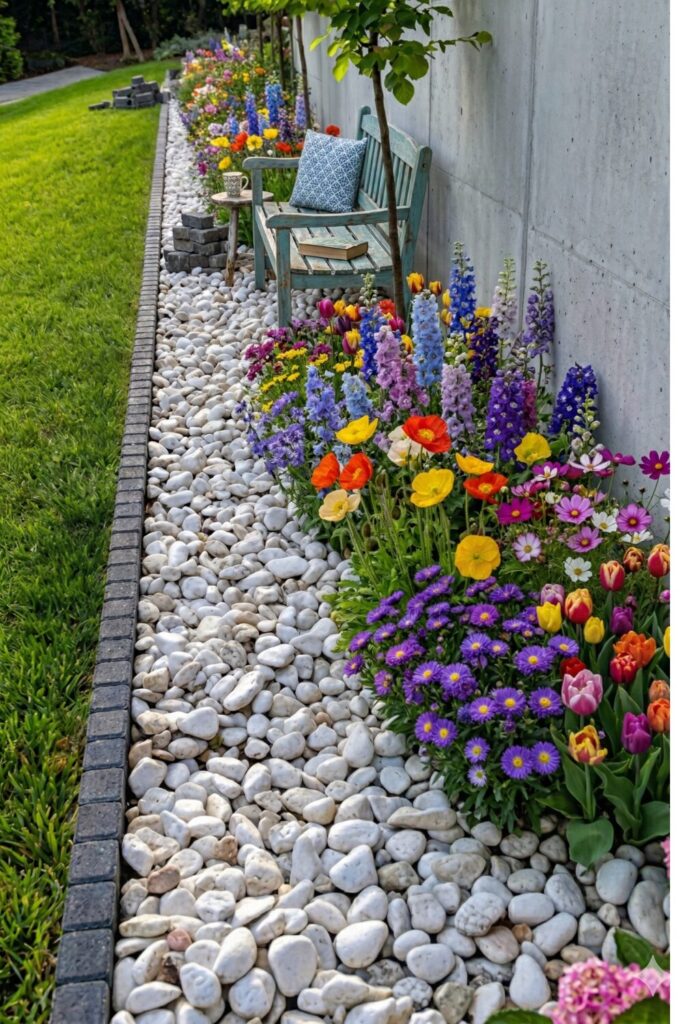 small garden seating area with painted wooden chair, cozy outdoor corner with plants and relaxing vibe