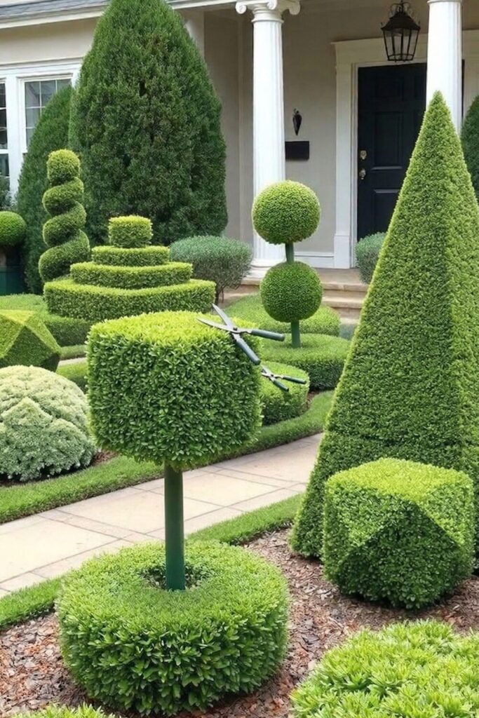 trimmed bushes and trees in a small garden, clean and organized outdoor space with fresh greenery