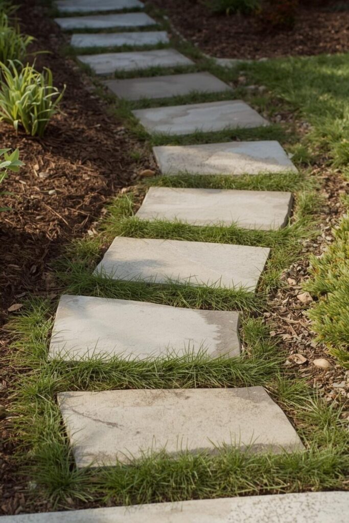 garden with DIY stone pathway made of flat stones, natural spaced walkway in green lawn front yard