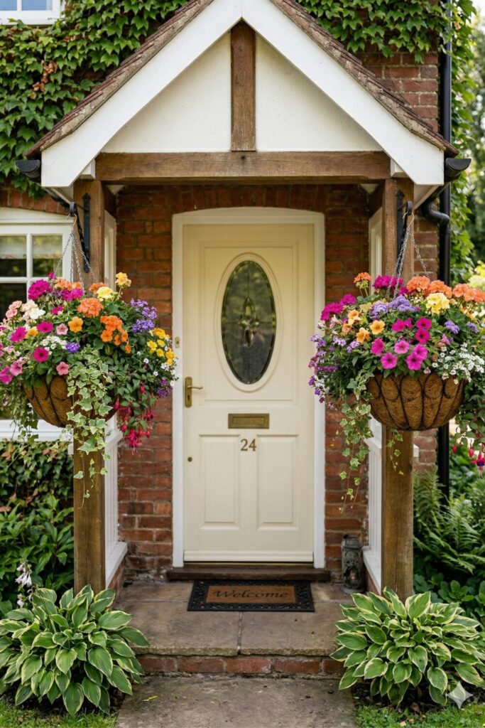 hanging flower baskets with bright blooms near entrance and windows, small garden vertical decoration idea