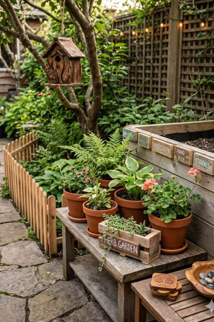 small garden with wooden planter box and decor, natural cozy outdoor design with plants and wood accents