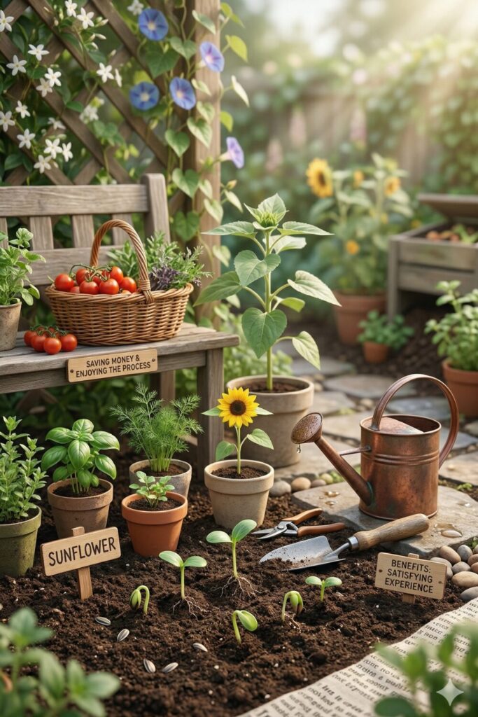 small garden with young plants grown from seeds, sunflowers and herbs growing in soil, budget gardening idea