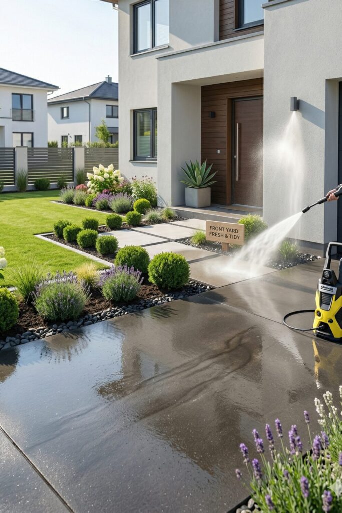 clean and decluttered yard with washed driveway and tidy outdoor space, fresh and organized garden look